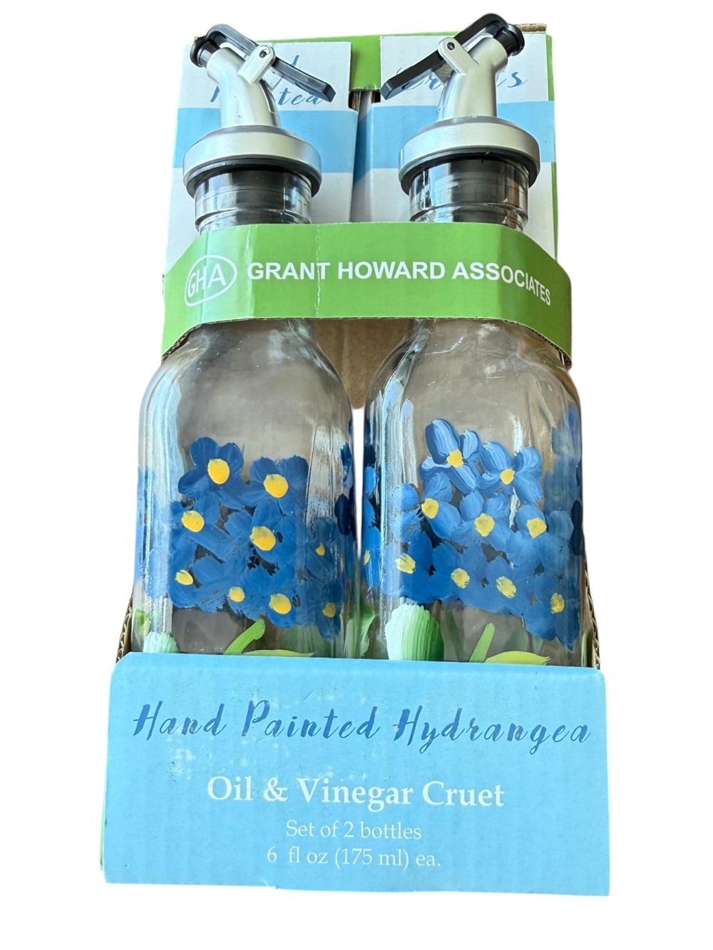 Oil and Vinegar set by Grant Howard hand painted Hydrangeas glass